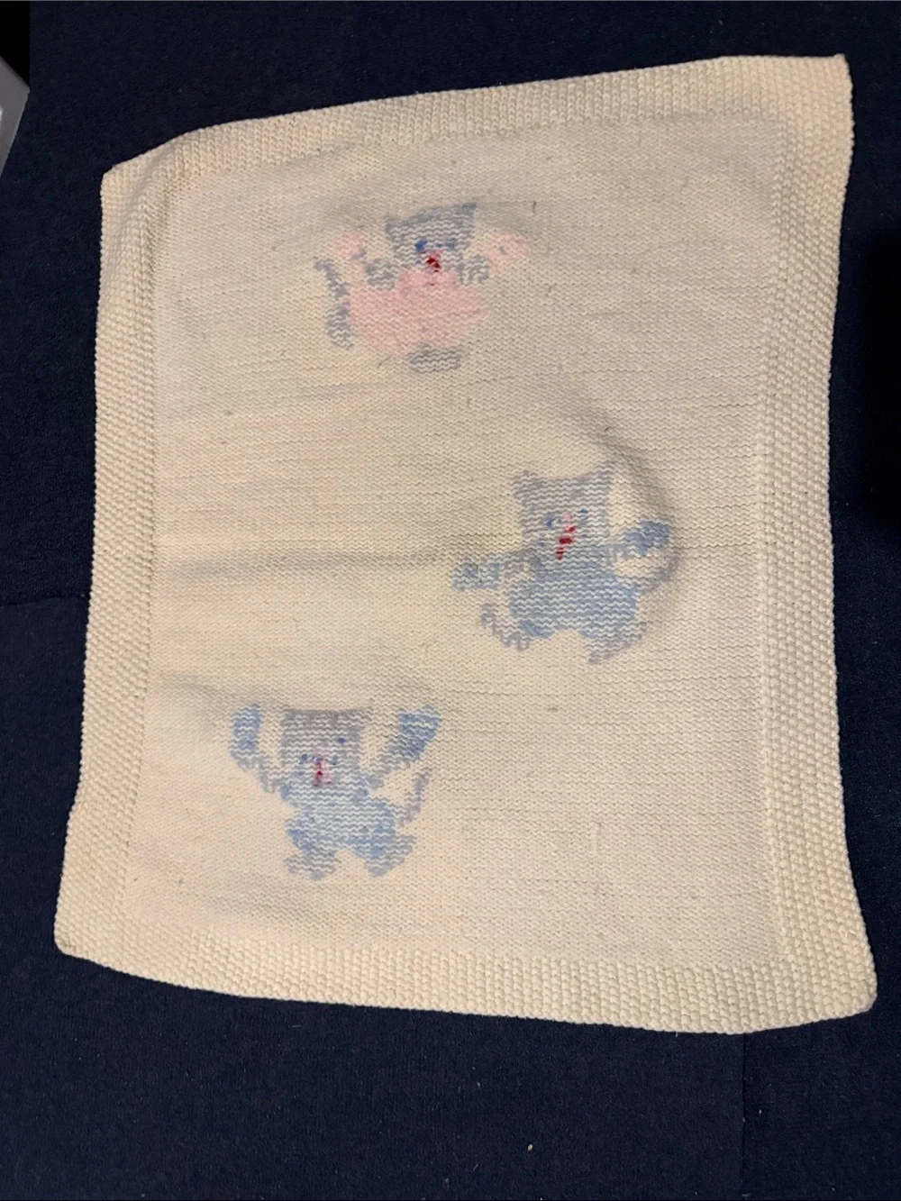 VINTAGE  Cream Baby Knit Blanket and pillow w/Blue kitten with pale pink pom pom